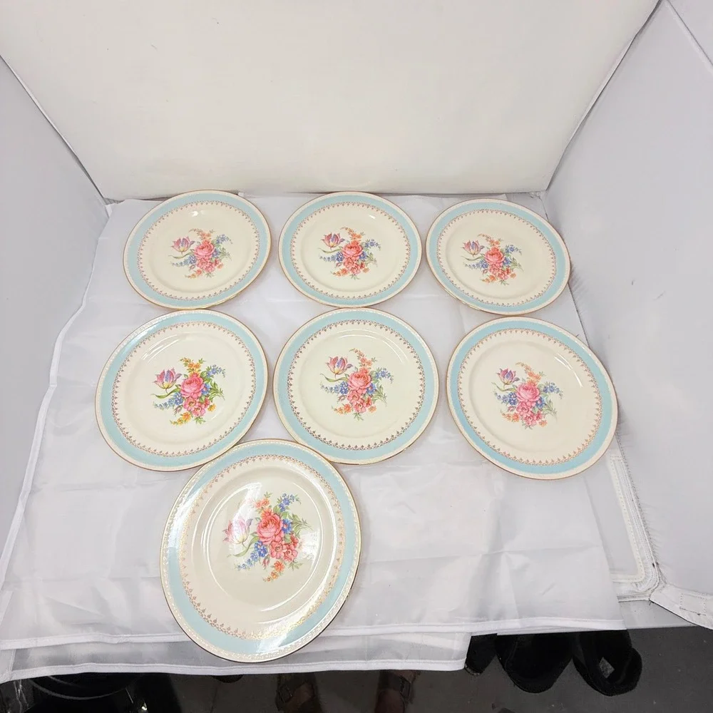 Homer Laughlin Eggshell Georgian Salad Plates Set of 7 Blue Floral Gold 9